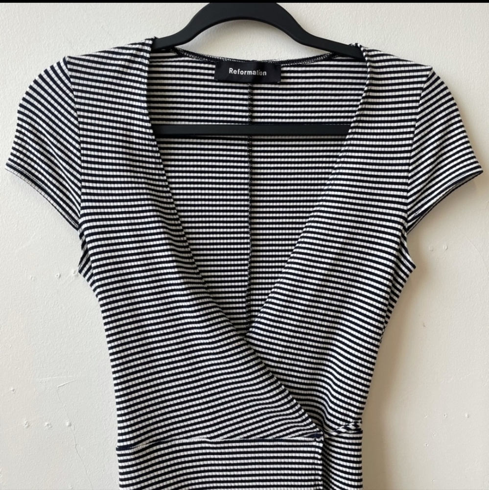 Reformation Tulip Ribbed Striped Mini Wrap Dress